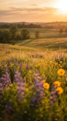 Obraz premium Golden sunset over wildflower meadow with purple lupines and yellow blooms in rolling countryside landscape for nature and seasonal content.
