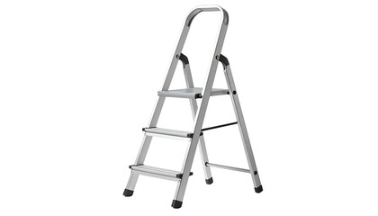 Metallic, folding step ladder on black background. Three steps visible, angled design
