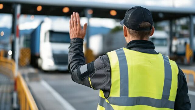Cinematic scene of a customs officer standing firmly in front of halted freight trucks at a border checkpoint, reflective safety vest catching cold daylight, raised hand signaling