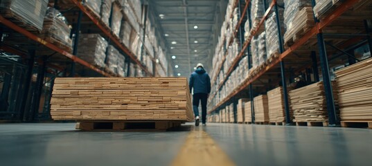 Logistics Worker Pushing Pallet of Wooden Panels in Warehouse Aisle