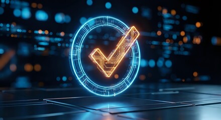 Naklejka na ściany i meble Glowing neon checkmark symbol with futuristic holographic circle frame against blurred city lights background for digital verification and approval concepts.