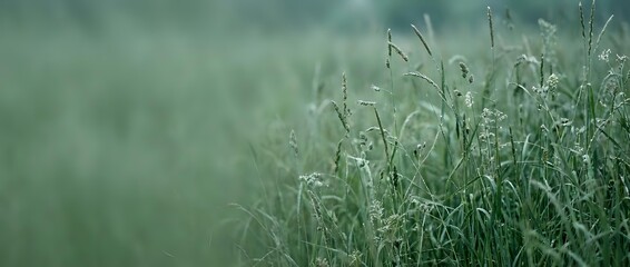 Naklejka premium Fresh green grass field with morning dew drops in soft natural light creating peaceful meadow atmosphere for nature backgrounds and wellness concepts.