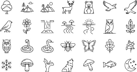 Obraz premium Outline Vector Icons of Nature Wildlife: Animals, Birds, Insects, Forest Elements, Trees, Plants, Mountains, Rivers, Waterfall, Sun, Moon, Seasons