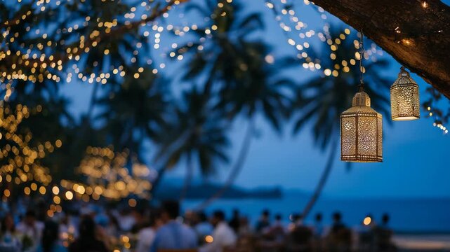 Cinematic wide-angle view of faceless family enjoying iftar under a tree, hanging lanterns illuminating the scene, palm trees framing the composition, night sky glowing with ambien