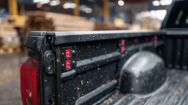 Close-up detail shot of a rugged truck bed liner, textured black coating with subtle sheen, red metal tie-down points sharply defined, simple industrial aesthetic, clear open space