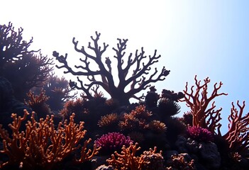 Intricate silhouettes of diverse coral species against a bright backdrop,   design,   forms