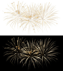 Elegant Golden Fireworks Explosion with Triple Symmetrical Bursts, Sparkling Trails and Fine Glitter Particles on Deep Black Background
