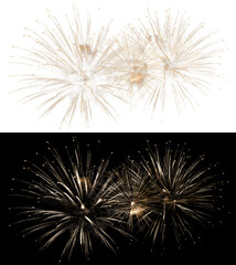 Obraz premium Luxury Festive Fireworks Composition Featuring Bright Gold Explosions, Radiant Sparks and Dynamic Light Streaks Isolated on Black