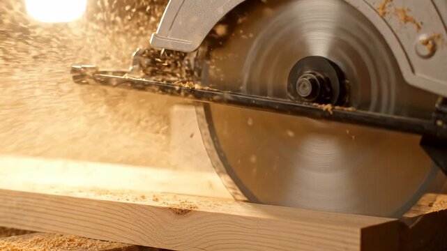 Close-up of a circular saw cutting wood, creating a shower of sawdust. The sharp blade makes precise cuts.
