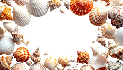 Obraz premium Diverse assortment of seashells forming a border around a blank, black space