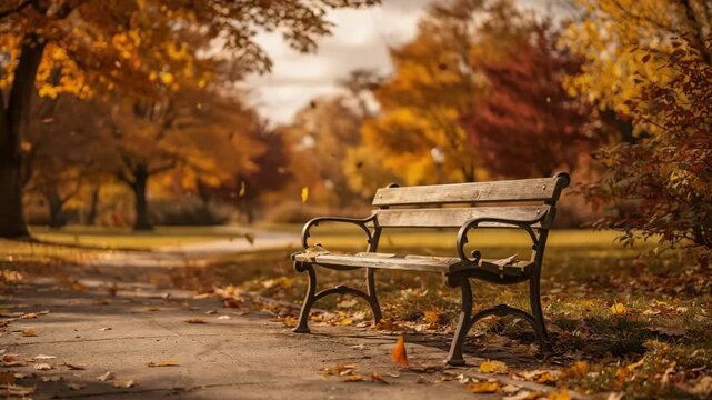 Fall foliage frames a gently curved outdoor walking path with golden leaves scattered along the edges focusing on a single bench amidst blurred trees.