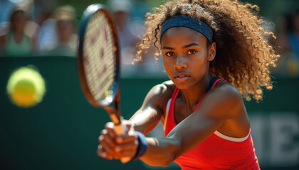 Young woman plays tennis on court. Athlete strikes yellow ball with racket during match. Focused player prepares for active sport game. Intense action.