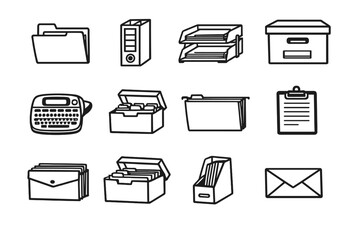 Office Management Filing and Storage in outline vector style: file folder, ring binder, document tray, archive box, label maker, index card box, hanging folder