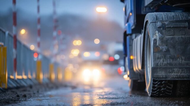 Close-up shot of truck wheels and undercarriages in a border queue, packed snow and ice lodged in tire treads, wet asphalt reflecting warning lights, metal barriers and inspection