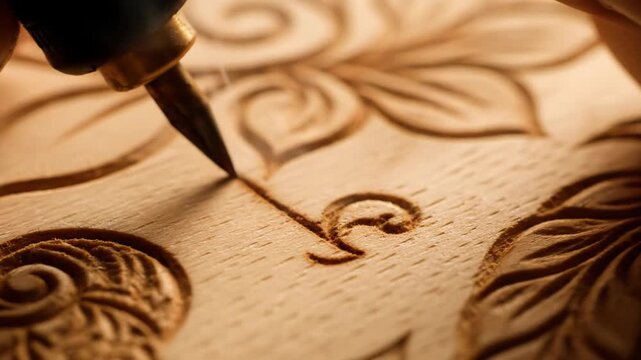 A pyrography tool meticulously burns intricate patterns into light wood. Smoke rises as the hot tip creates beautiful, detailed designs.