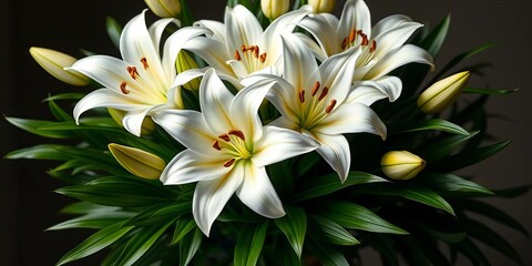 Elegant bouquet of pristine white lilies, lush green foliage, white lilies, wedding