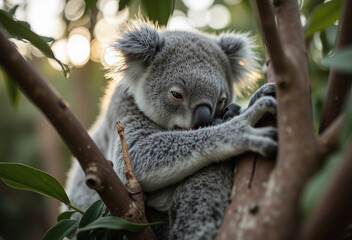 A gray koala securely rests on a tree branch, bathed in golden sunlight filtering through the surrounding eucalyptus leaves.