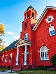 Old-fashioned school building with red brick walls and a bell tower standing under a bright sky,  country,  red