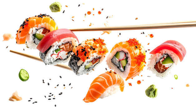 Assortment of fresh sushi rolls and nigiri with chop sticks and garnishes on black