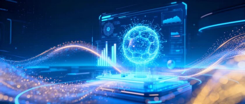 Futuristic Digital Soccer Sphere Visualization on Tech Platform with Glowing Light Trails and Data Graphs in Blue Neon Cyber Environment