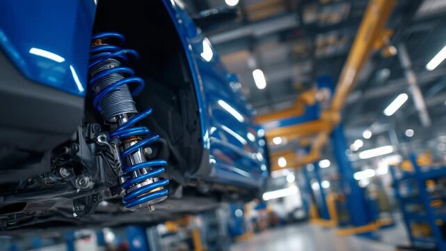 High-detail automotive engineering scene, suspension system under car lift, shock absorber and coil spring captured in crisp focus, workshop lighting highlighting textures and prec