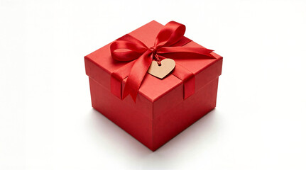 Obraz premium Red gift box with satin ribbon isolated on white background. Clean premium Valentine’s Day product image with copy space for advertising and branding.