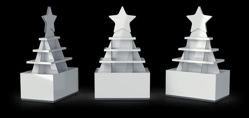 Retail cardboard pyramid POS display stands with star-shaped topper. Trade show booth. 3d illustration on black background © Wire_man