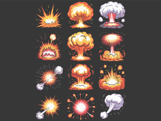 Collection of pixel art explosion and fireball graphics © MdEmdadul
