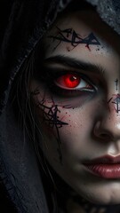 dark fantasy hooded woman with glowing red eye