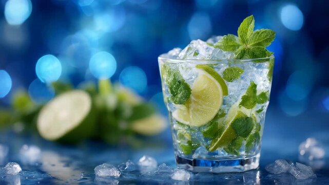 Side-angle shot, glass of mojito on reflective surface, fresh lime slices and crushed ice visible, sparkling blue background with soft bokeh, invoking refreshment and relaxation