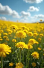 Obraz premium Field of bright yellow helichrysum flowers under a blue sky with fluffy clouds. The blooms gently sway in the wind creating a vibrant natural scene. Perfect for spring or summer themes.