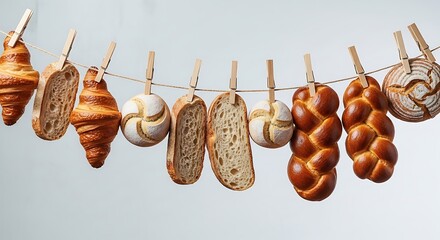 Assorted baked goods hanging on a clothesline bread