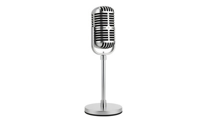 Fototapeta premium Vintage silver microphone on a stand, isolated on a black background for retro audio recording
