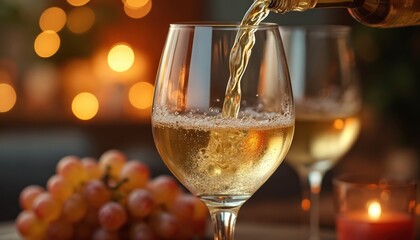 Obraz premium White wine pours into clear glass. Bubbles form in liquid, grapes and candle nearby. Festive lights glow in soft bokeh. Second glass visible.