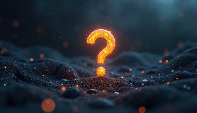 Glowing orange question mark symbol on dark textured ground with sparks. Abstract symbol asks, seeks answers, and represents curiosity. Idea, thought process, enigma, mystery.