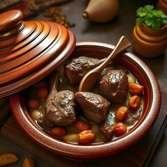 Moroccan food. A traditional tagine with lamb and dried apricots,  served in an earthenware pot.