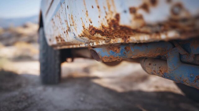 Undercarriage decay close-up, exhaust pipe coated in rust and grime, aging vehicle frame surrounding it, textures emphasized, shallow depth of field