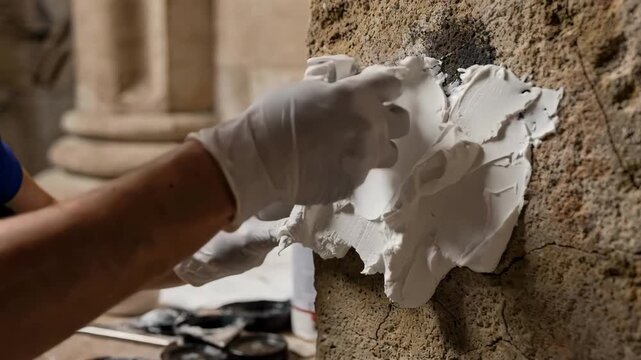 Medium shot showing careful poultice treatment targeting grime on a sandstone wall with the foreground in sharp detail and background elements softly faded.