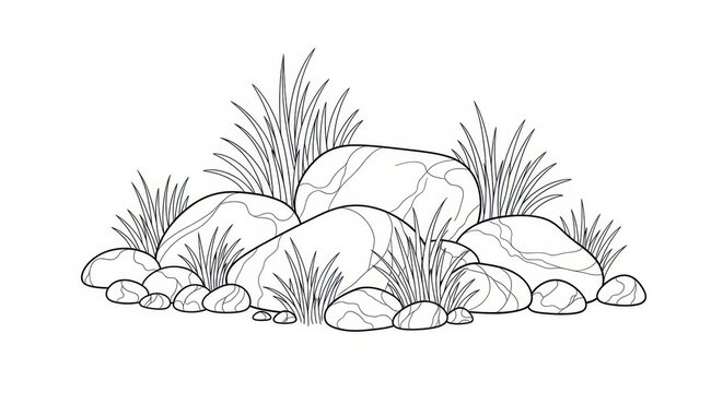 Line art illustration of natural rocks and grass, simple monochrome drawing of garden stones and foliage