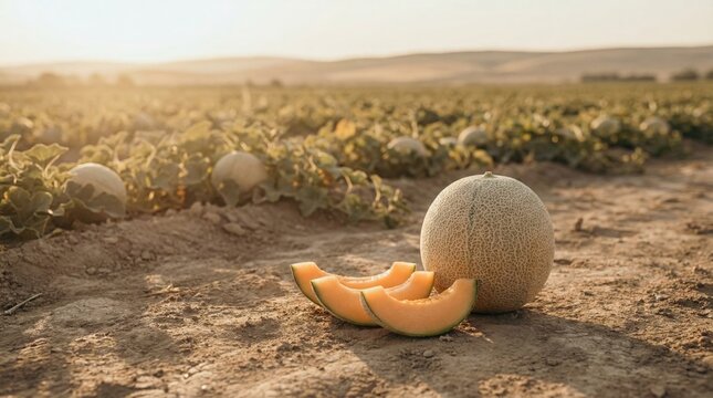 Cantaloupe melon and several fresh slices are on the ground in a sun drenched agricultural field, featuring many melons growing on the vines reaching ripeness under the warm light