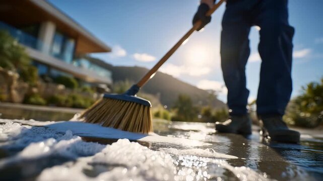 Wide-angle driveway cleaning, person moving broom across wet surface, modern house visible in background, sunlight creating reflections and soft shadows on soapy water