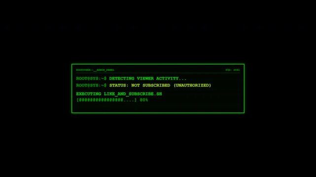 Cyberpunk Terminal Subscribe Animation. Green Code Command Line Interface Overlay with Typing Effect. 4K Alpha Channel.