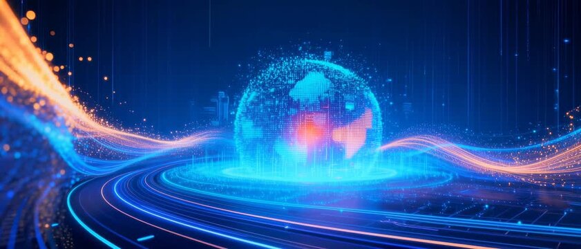 Futuristic Digital Globe with Glowing Light Trails and Technological Waves in a Dark Cybernetic Landscape