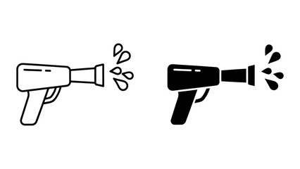 Minimalist vector icon of a handheld spray gun or pressure washer nozzle ejecting water droplets, in both outline and solid glyph styles for cleaning and maintenance applications on a white background © Zyariss