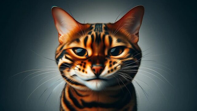 Cat smiling softly, then lowering and turning its head with a sad expression. Emotional, expressive mood capturing changing feelings, perfect for storytelling, social content and creative ads.