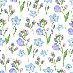 Fototapeta premium Blue forget-me-nots and buds pattern white