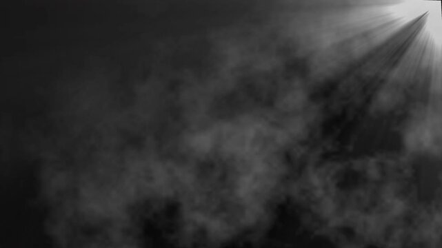 Dark background with moving smoke or fog with light rays. Rising smoke overlay and light beams. radiant light with rising smoke fog effect. Ideal for spooky, horror or fantasy project. vfx, Loop video