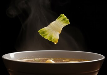 Extreme close-up of a solitary vegetable piece suspended in air, detached from the steaming hot soup bowl below. Focus on precision and detail ,garnish ,hot ,pasta
