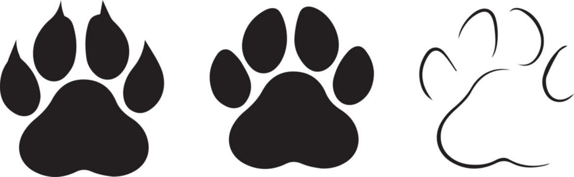 three animal paw print designs solid silhouette outline dog cat pet icon isolated background.