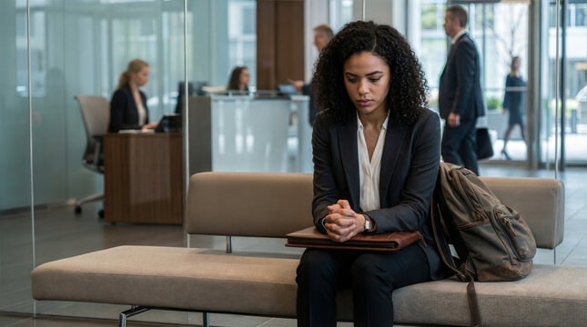 Young job candidate waiting nervously on a bench in a modern office environment